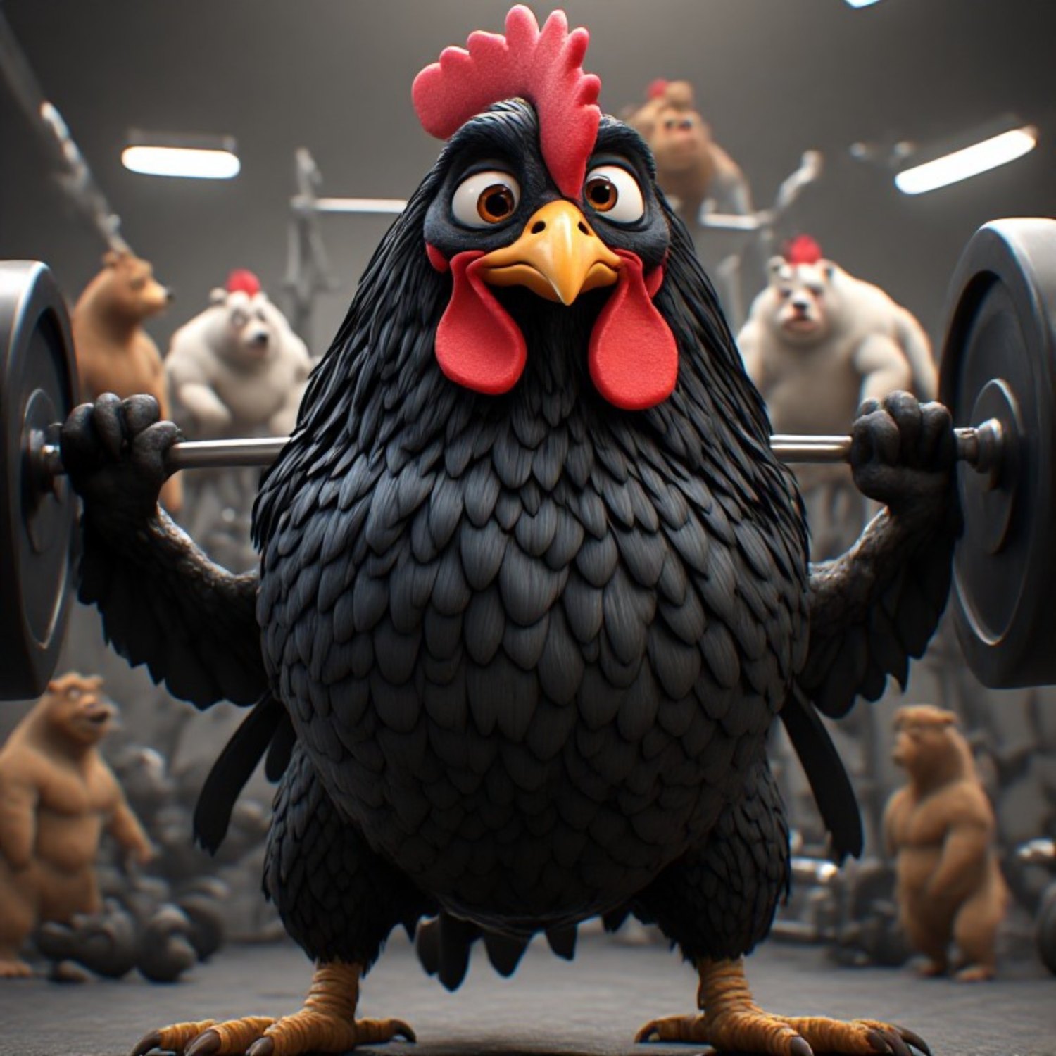 A determined black rooster training at the gym